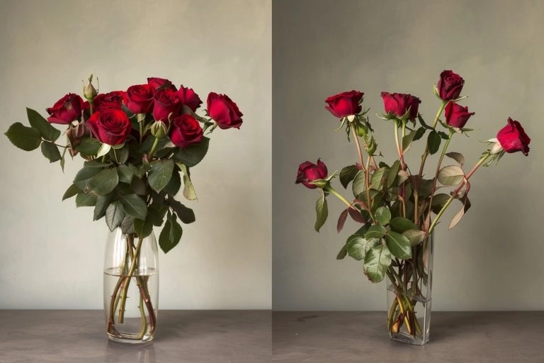 Vergleich: Frische Blumen in Wasser vs. verwelkte Blumen ohne Wasser