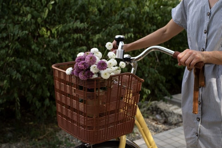 Blumen auf dem Fahrrad transportieren – Blumenstrauß mit Chrysanthemen sicher im Lenkerkorb platziert