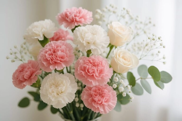 Nelken kombinieren Nelken mit Rosen und Schleierkraut zu einem gemischten Strauß kombiniert