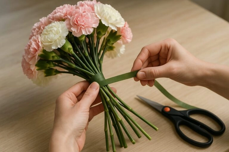 Nelkenstrauß binden Nelkenstrauß in Spiralbindung wird an der Kreuzungsstelle mit Blumenband umwickelt