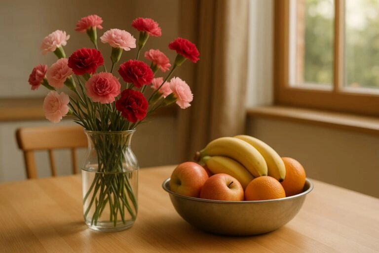 Nelken in der Vase neben einer Obstschale – reifes Obst gibt Ethylen ab und lässt Schnittblumen schneller welken