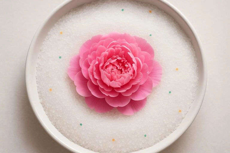 Rosa Pfingstrosenblüte in einer Schale mit Silikagel-Granulat zum Trocknen mit Farberhalt
