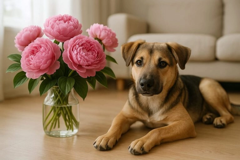 Hund neben Pfingstrosen Junger Hund liegt neben einem Strauß rosa Pfingstrosen im Wohnzimmer