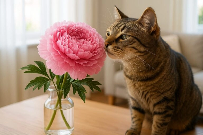 Katze und Pfingstrose Katze schnuppert an einer rosa Pfingstrose in der Vase