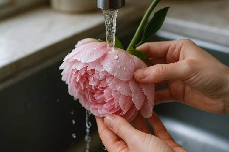 Pfingstrosen-Knospe wird kopfüber unter lauwarmem Wasser massiert