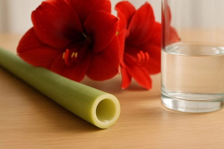 Gerade angeschnittener Amaryllis-Stiel in einer Vase mit wenig Wasser