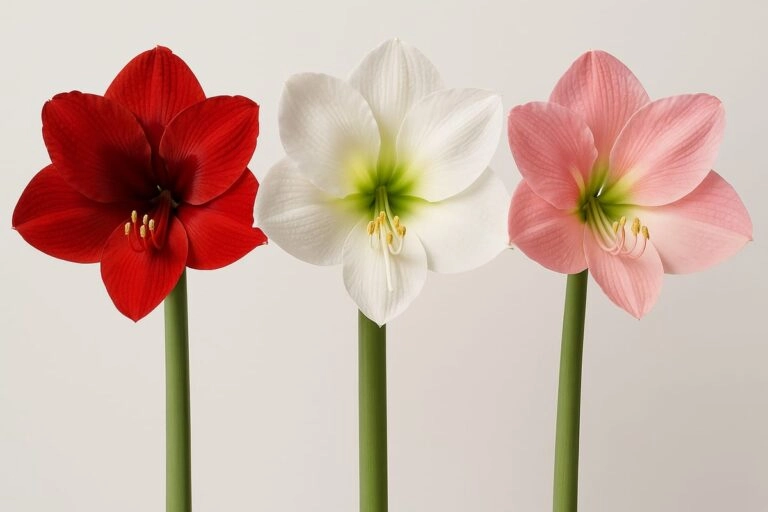 Rote, weiße und rosa Amaryllis im Vergleich zeigen ihre unterschiedliche Symbolik