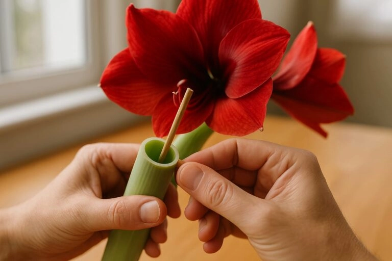 Amaryllis-Stiel mit Stab im Inneren und Klebeband am Stielende zur Stützung
