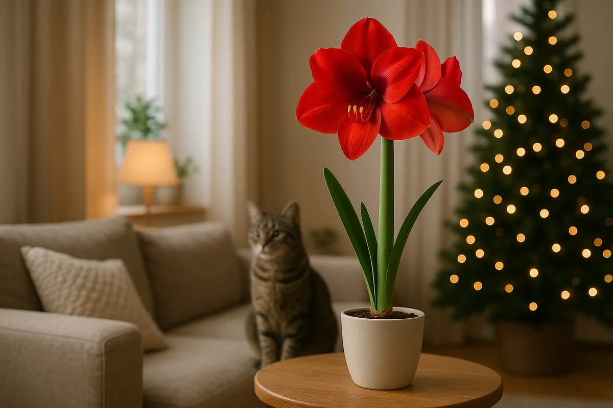 Rote Amaryllis als Topfpflanze im Wohnzimmer, eine Katze sitzt in sicherem Abstand auf dem Sofa