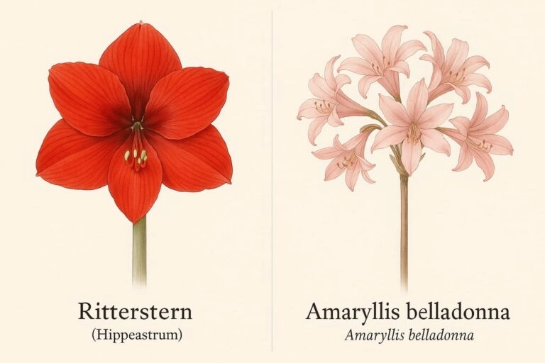 Blütenvergleich: große rote Einzeltrompete des Ritterstern gegenüber rosa Blütendolde der Amaryllis belladonna