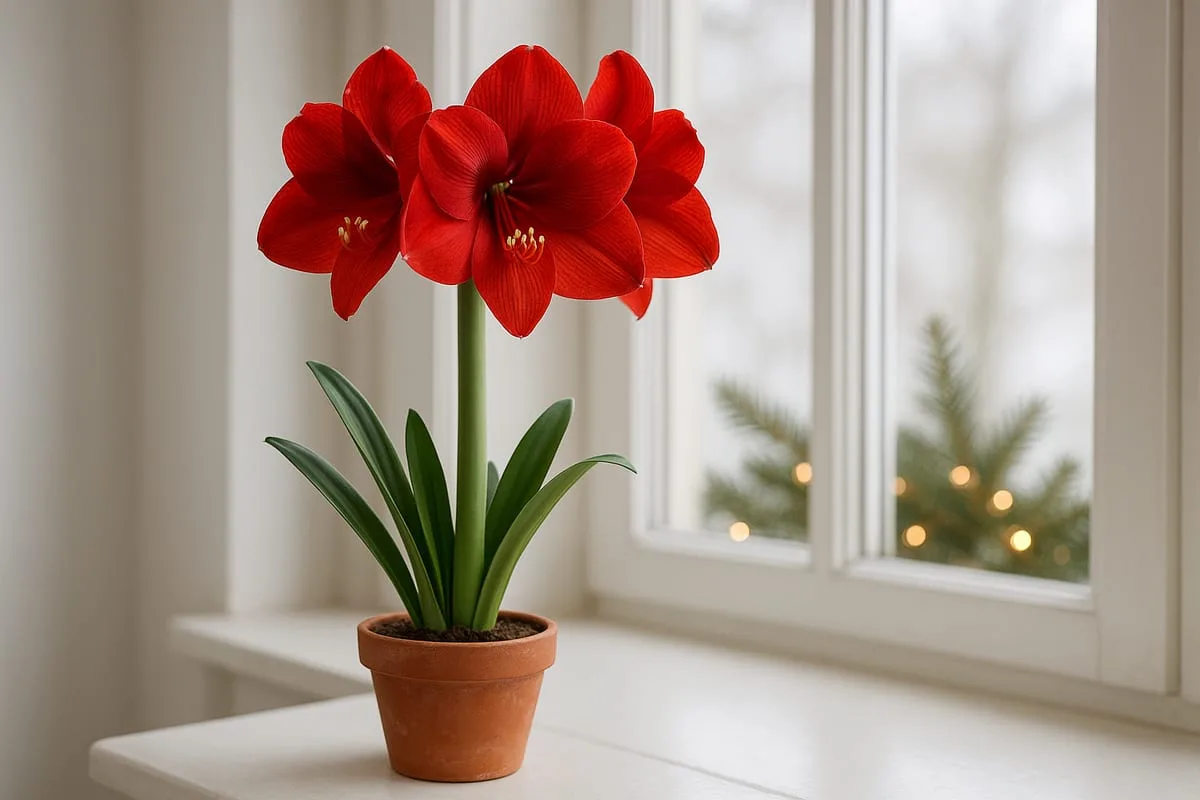 Ritterstern (Hippeastrum) mit roten Trompetenblüten im Topf auf heller Fensterbank zur Adventszeit