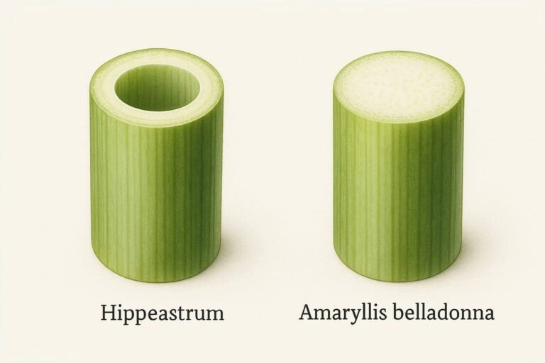Querschnitt-Vergleich: hohler Hippeastrum-Stiel links, mit Markgewebe gefüllter Amaryllis-belladonna-Stiel rechts