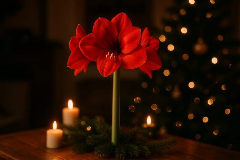 Rote Amaryllis im weihnachtlichen Kerzenlicht als Symbol für Hoffnung und Neubeginn