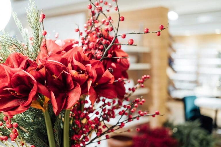 Weihnachtlicher Winterstrauß mit roter Amaryllis, Ilex und Tannengrün