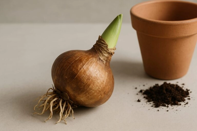 Freigelegte Amaryllis-Zwiebel mit Wurzeln und austreibendem Trieb neben Topf und Erde, der giftigste Teil der Pflanze