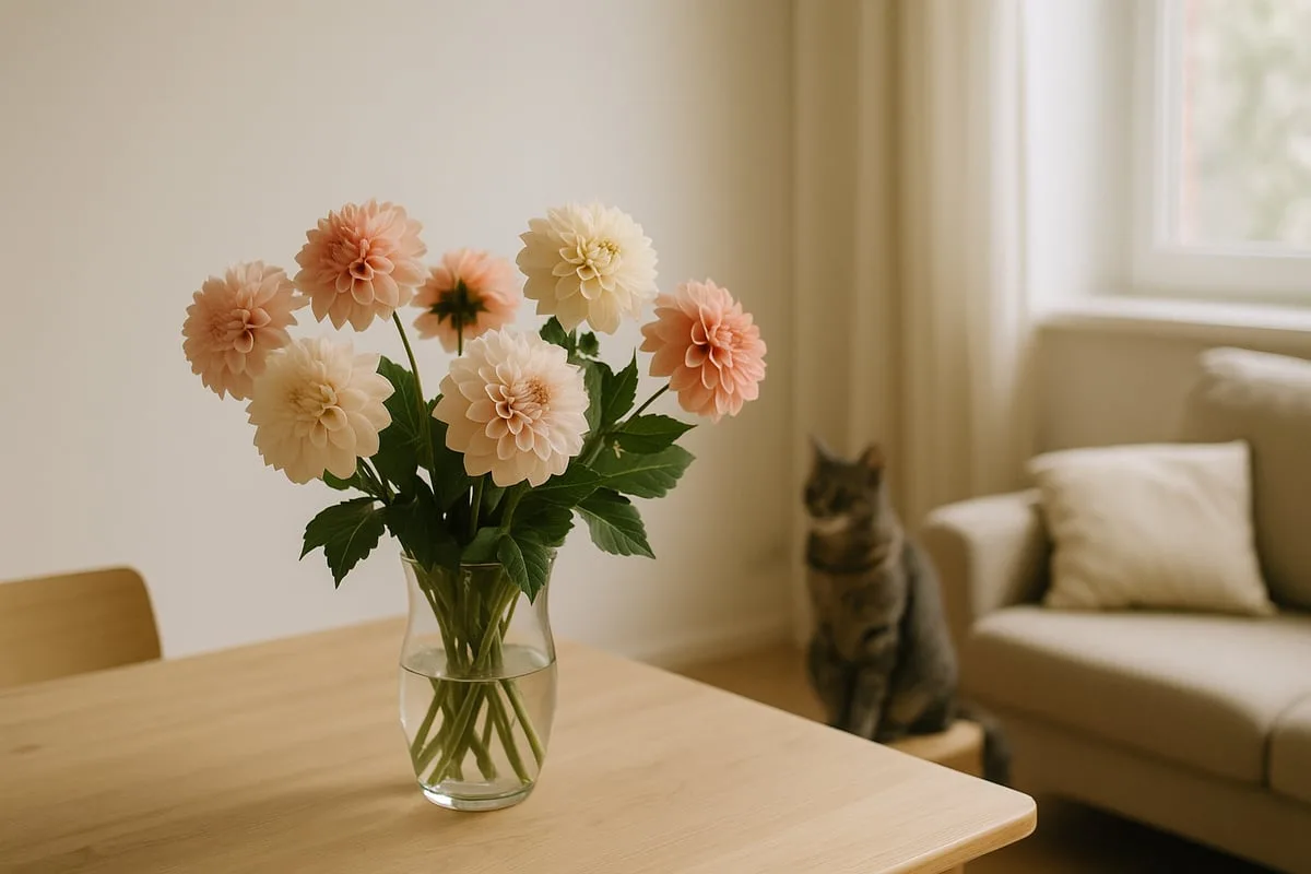 Dahlienstrauß in einer Vase auf dem Wohnzimmertisch, im Hintergrund beobachtet eine Katze die Blüten aus sicherer Entfernung ohne Kontakt