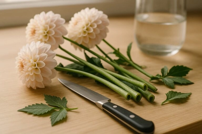 Frisch angeschnittene Dahlienstiele mit sichtbarem Hohlraum liegen neben dem Messer, daneben klares Wasser für die saubere Vase