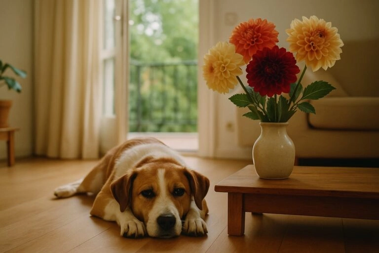 Entspannter Hund liegt im Wohnraum neben einem Dahlienstrauß, ohne an den Blüten zu knabbern, die Knollen bleiben außer Reichweite
