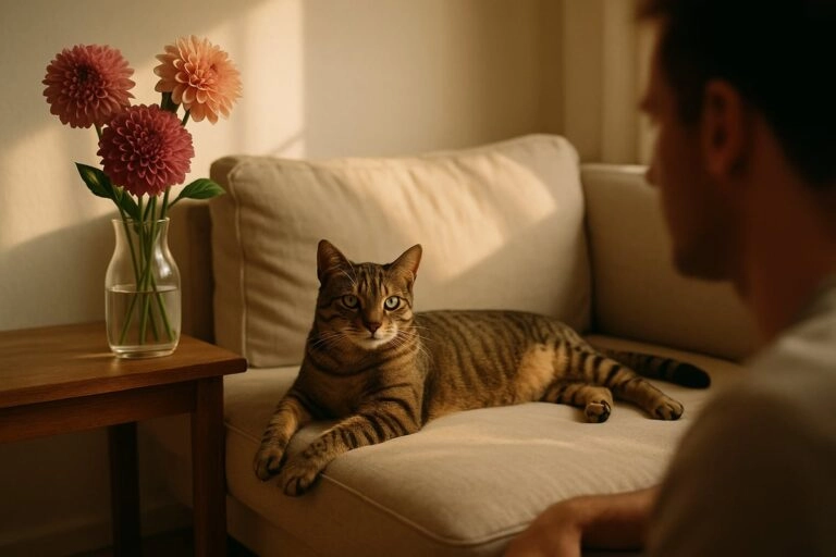 Ruhige Katze liegt auf dem Sofa neben Dahlien in der Vase und wird nach Pflanzenkontakt aufmerksam beobachtet statt sofort behandelt