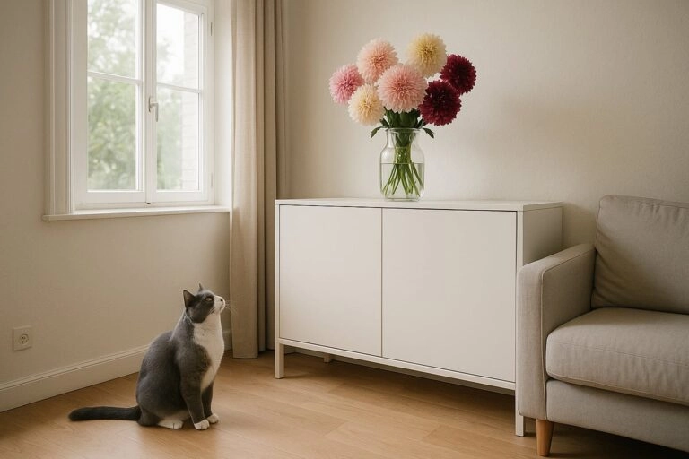 Dahlienstrauß steht katzensicher auf einem hohen Sideboard, während die Katze am Boden bleibt und die Blüten nicht erreichen kann