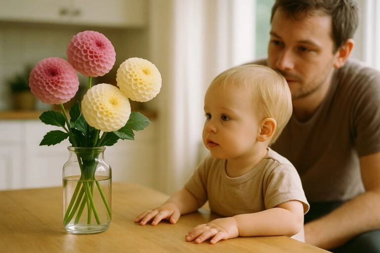 Kleinkind sitzt unter Aufsicht am Tisch vor Dahlien in der Vase, deren Blütenblätter als essbar gelten und kein Notfall sind