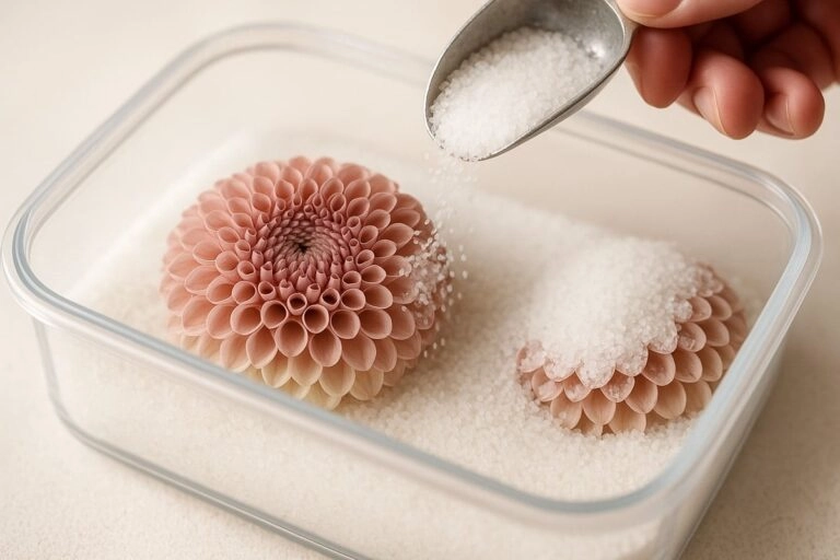 Dahlienblüte in Silikagel eingebettet: diese Methode erhält Form und Farbe am besten