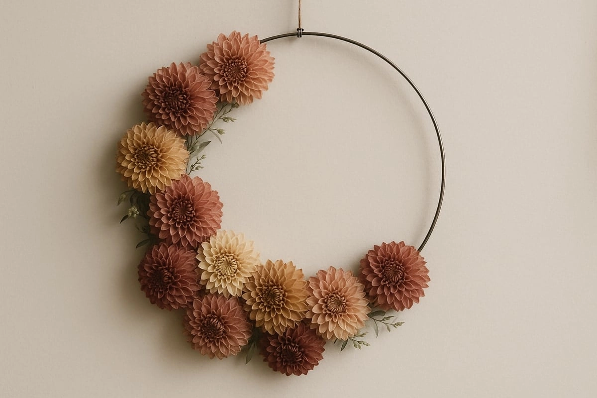 Trockenblumenkranz aus getrockneten Dahlien auf einem Metallring, die Blütenköpfe sind überlappend befestigt und zu Vintage-Tönen verblasst