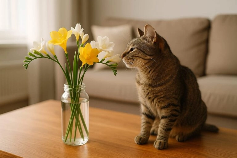 Sind Freesien giftig für Katzen und Hunde? Katze schnuppert an einem ungiftigen Freesienstrauß in der Vase