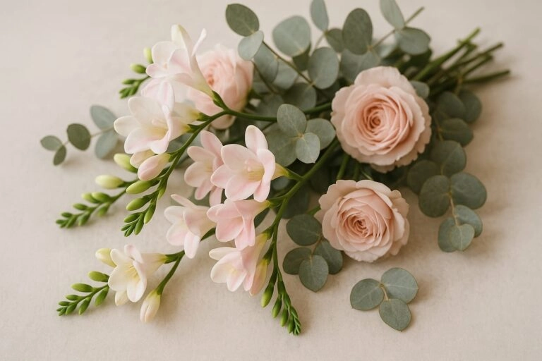 Freesien mit Rosen und Eukalyptus Freesienstrauß mit Rosen und Eukalyptus kombiniert
