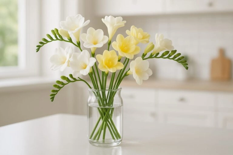 Freesien in der Vase frisch halten Frischer Freesienstrauß in einer klaren Glasvase mit sauberem Wasser
