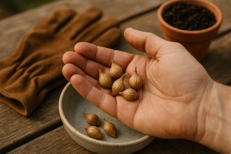 Freesienknollen in der Hand im Garten Freesienknollen sollten außer Reichweite von Haustieren gelagert werden