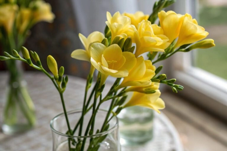 Freesienstrauß: Womit kombinieren, wie pflegen und verschenken Freesienstrauß in Weiß und Gelb mit geöffneten Blüten und Knospen in einer Vase