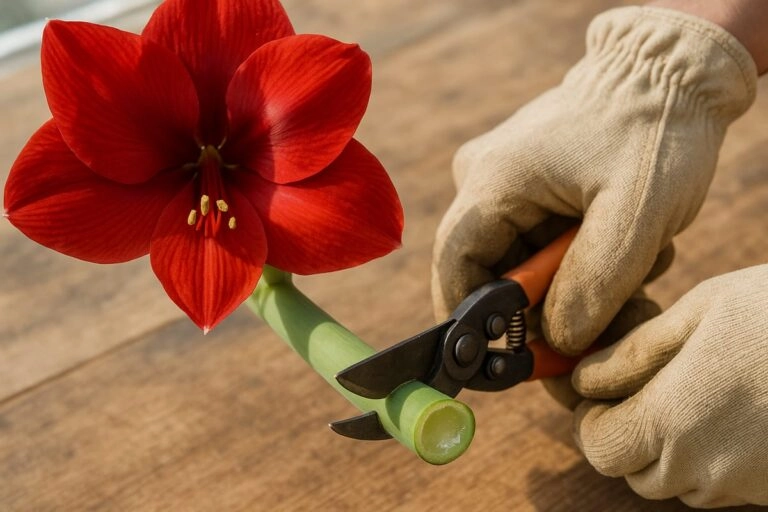 Behandschuhte Hände schneiden den dicken hohlen Stiel einer roten Amaryllis, am Schnitt tritt Pflanzensaft aus