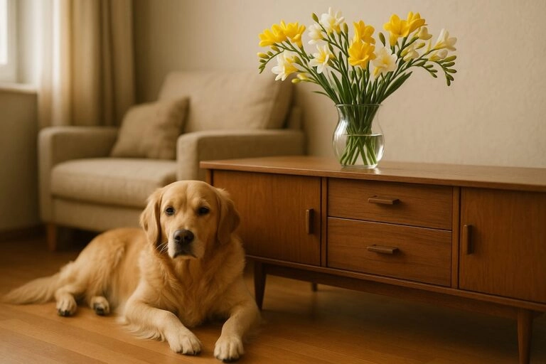 Hund neben ungiftigen Freesien in der Vase Hund liegt entspannt neben einer Vase mit ungiftigen Freesien