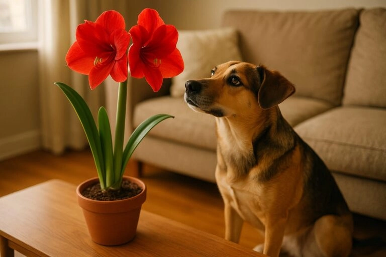 Hund sitzt neugierig neben einer roten Amaryllis-Topfpflanze auf einem Tisch