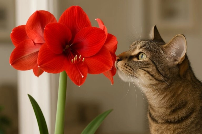 Neugierige Katze schnuppert an den roten Trompetenblüten einer Amaryllis