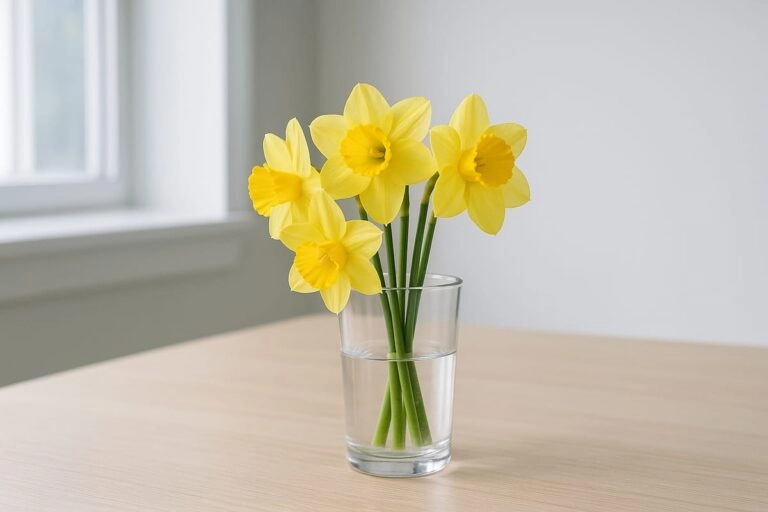 Frisch angeschnittene Narzissen stehen allein zum Ausschleimen in einem Glas