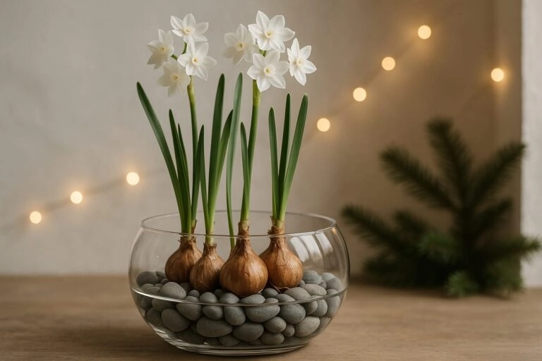 Weihnachts-Narzissen (Paperwhite) mit Zwiebeln auf Kies im Wasserglas