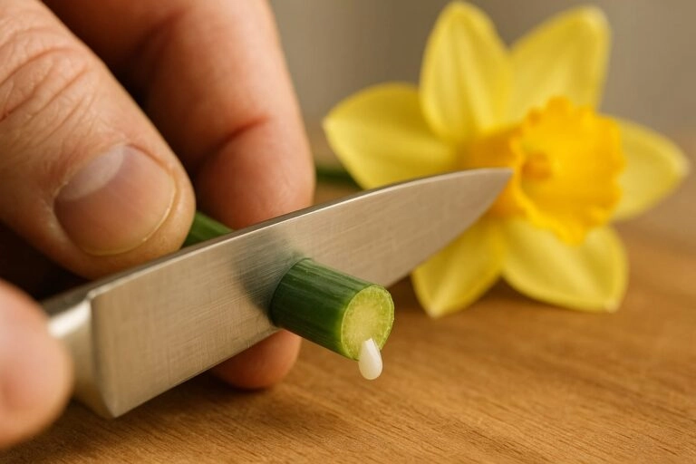 Narzissenstiel wird schräg mit einem Messer angeschnitten