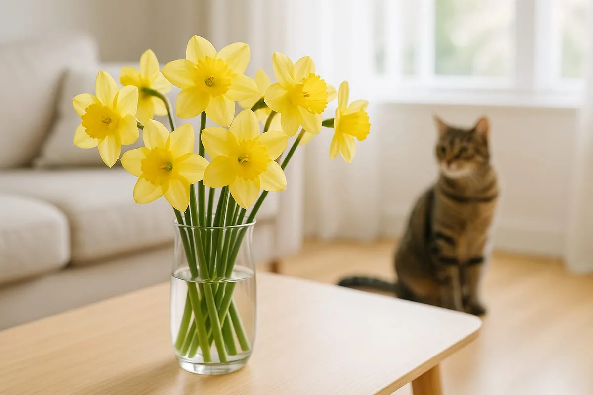 Strauß gelber Narzissen in einer Vase, im Hintergrund eine Katze mit Abstand