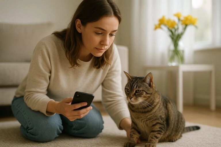 Tierhalterin beobachtet ruhig ihre Katze Im Verdachtsfall sollten Tierhalter ruhig bleiben und den Tierarzt kontaktieren