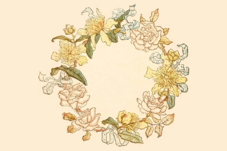 Kolorierte Blumentafel aus einem englischen Blumenbuch von 1884: ein Blütenkranz aus der Zeit der Blumensprache